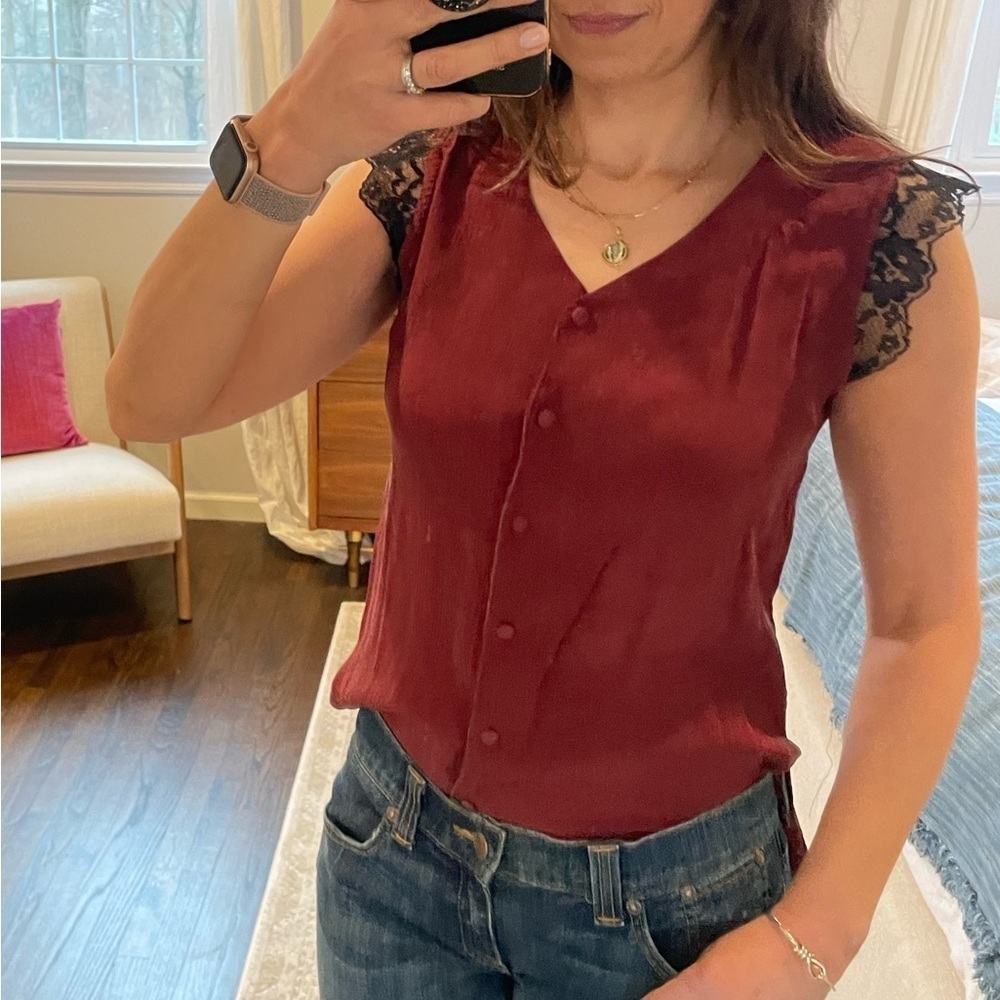 Vintage 100% Silk Top Lace Trim Burgundy